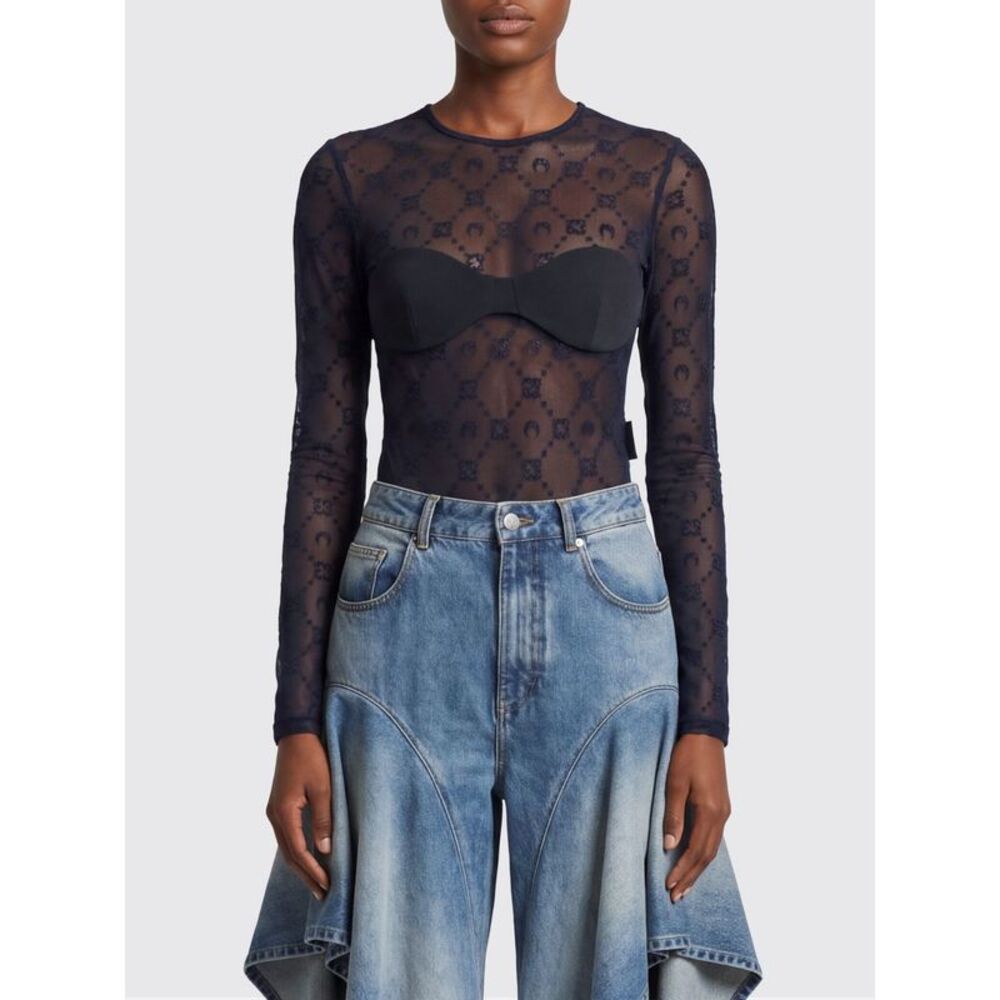 Marine Serre Women Crescent Moon Print Long-Sleeved Tulle Top Marine Serre
